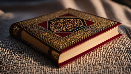 A closeup of a beautifully ornate Quran with gold and red accents, showing the intricate detail and craftsmanship of the book.の写真素材