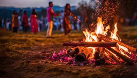 A bonfire burns brightly in the foreground, with a group of people gathered around it in the background. The flames are dancing and the sparks are flying. The image is a warm and inviting scene, perfect for a gathering of friends or family.の写真素材