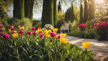 A picturesque garden path lined with colorful tulips, bathed in the warm glow of the afternoon sun. The vibrant blooms create a stunning display of color, surrounded by lush greenery and towering cypress trees.の写真素材