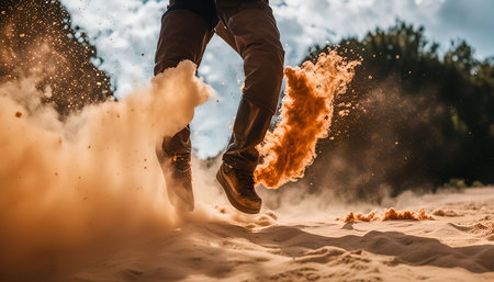 A person running through a dusty trail, kicking up a cloud of sand with each step, the motion captured in this dynamic image.の写真素材