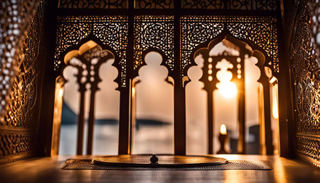 A close-up view of an intricately carved wooden archway, showing the beauty of traditional craftsmanship. The golden sunset casts warm light through the intricate patterns, creating a captivating visual.の写真素材