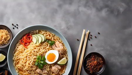 A close-up shot of a ramen bowl with egg, cilantro, lime, cucumber, and other tasty toppings. The...