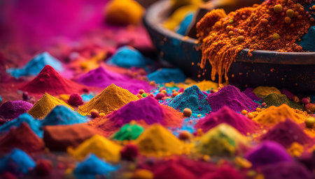 A close-up of colorful powder, a vibrant celebration of Holi festivalの写真素材