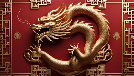 A golden dragon with intricate details is depicted on a red background. The dragon is a powerful mythical creature often associated with good luck and prosperity in Chinese culture.の写真素材
