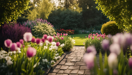 A picturesque garden path lined with vibrant pink tulips, surrounded by lush greenery and bathed in warm sunlight.の写真素材