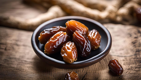 A bowl of fresh dates on a rustic wooden table.