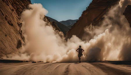 A woman stands in the middle of a desert canyon road as a large dust cloud erupts from the mountainside behind her.の写真素材