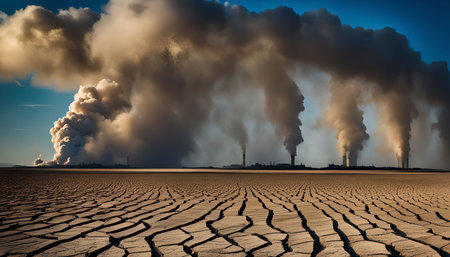 A large industrial complex spews smoke into the air, polluting the atmosphere and leaving a cracked earth behind. This image is a stark reminder of the consequences of industrial activities.の写真素材