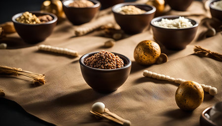 A close-up shot of an assortment of grains in bowls, set on a wooden table, showing various textures and colors.の写真素材