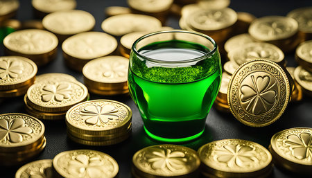 A close-up shot of a green drink in a glass surrounded by golden shamrock coins on a black background. This image captures the festive spirit of Saint Patrick's Day, celebrating Irish culture and tradition.の写真素材
