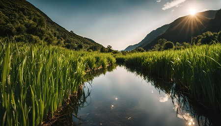 A tranquil mountain river flows through a lush meadow with tall green grasses under a golden sunset sky.の写真素材