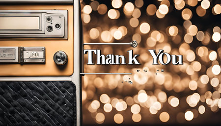A vintage radio with a thank you sign placed in front of it, with a bokeh background of golden lights.の写真素材