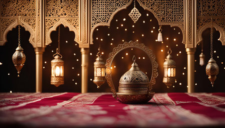 A still life image of golden Ramadan lanterns, featuring intricate design and hanging from elaborate arches, illuminated against a dark background, evoking a sense of celebration and spirituality.の写真素材