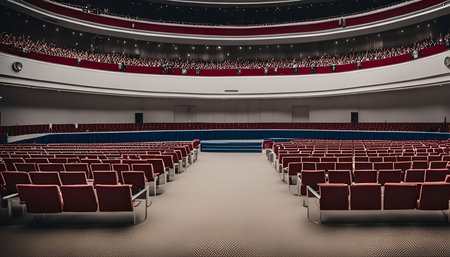 A wide view of an empty auditorium with red seats, a stage, and a balcony, showcasing the grandeur and emptiness of the space.の写真素材