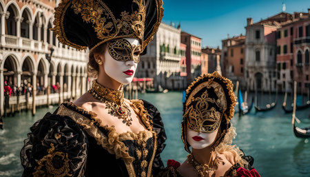 Two women in elaborate Venetian carnival masks stand in front of a canal with gondolas and the cityscape of Venice in the background.の写真素材