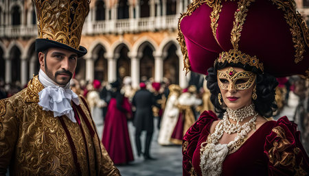 Two masked figures in traditional Venetian costumes, a man and a woman, stand out against the backdrop of the lively carnival crowd, their elaborate costumes adding to the spectacle of the Venetian Carnival.の写真素材
