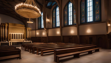 A view of the interior of a church with pews arranged in rows, stained glass windows, a chandelier, and an altarの写真素材