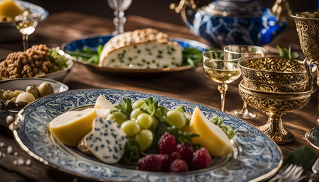 A close-up shot of a beautifully arranged table setting with a plate of cheese, fruit, and other appetizers, featuring blue and gold accents.の写真素材