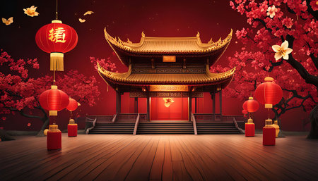 A traditional Chinese temple adorned with red lanterns and cherry blossoms, symbolizing the joy and celebration of the new year.の写真素材