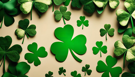 A collection of shamrocks arranged in a decorative pattern on a beige background. It is a symbolic representation of Irish culture and St. Patrick's Day.の写真素材