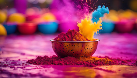 A bowl of Holi colors with vibrant blue and yellow powder exploding in the background.の写真素材