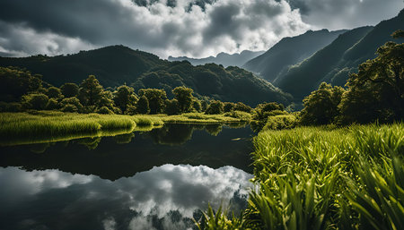 A serene mountain lake with a perfect reflection of the sky, clouds and surrounding greenery.の写真素材