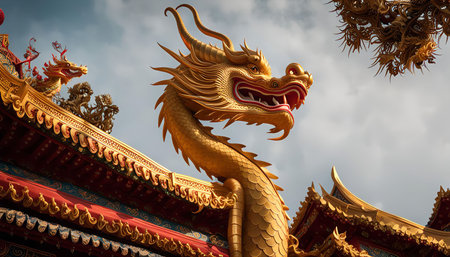 A close-up view of a golden dragon statue on the roof of a temple, showing intricate details and the rich cultural heritage of Asian architecture.の写真素材
