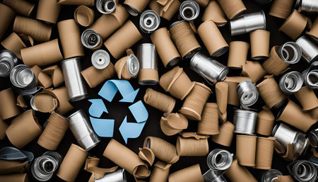 A blue recycle symbol is surrounded by various aluminum and cardboard cans on a black background. This image illustrates the importance of recycling and the different materials we can recycle.の写真素材