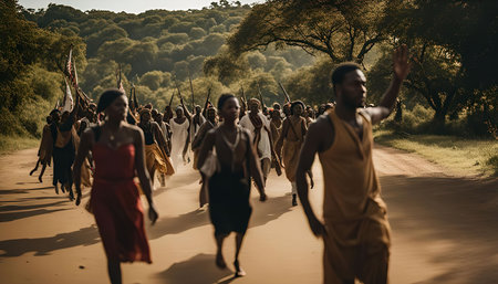 A large group of African people march on a dusty road in the middle of a forest. The people are running and walking, some holding weapons, while others are waving flags.の写真素材