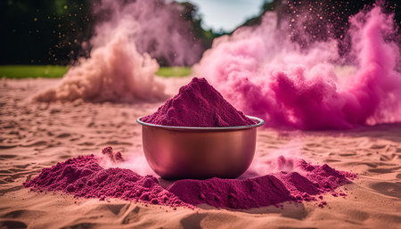 Pink powder explosion on sand with a bowl in the foreground, the vibrant colors creating a dynamic and artistic image.の写真素材