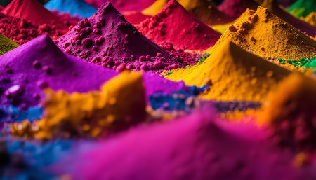 A close up view of a colorful powder pigments arranged in small piles, each color blending together.の写真素材
