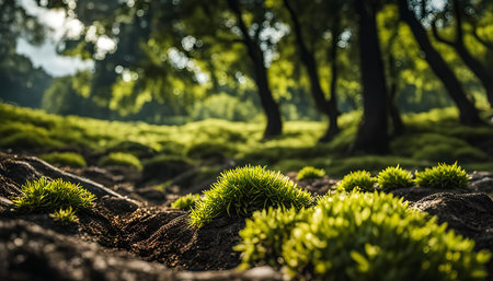 A close-up shot of vibrant green moss growing on the forest floor, with a background of blurred trees. The image captures intricately the texture and beauty of nature in detail.の写真素材