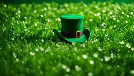 A classic green leprechaun hat lies in a field of verdant grass, evoking the spirit of St. Patrick's Day.の写真素材