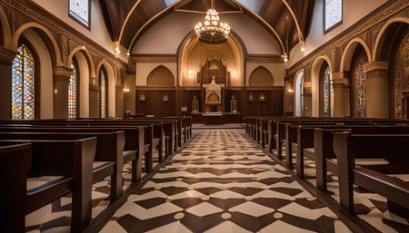 The interior of a church with wooden pews, stained glass windows and an altar at the end of the...