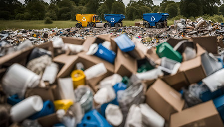 A large pile of garbage in the foreground, with two recycling trucks in the background. The trucks are partially obscured by the mound of waste, and they are both blue with a recycling symbol on the side. The image highlights the challenge of waste management and the importance of recycling.の写真素材