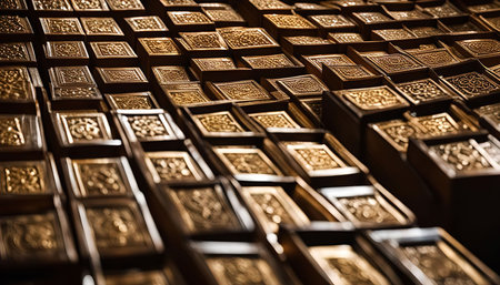 Close up shot of a patterned display of decorative golden boxes, showing intricate details.の写真素材
