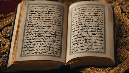 A close-up shot of the holy Quran, an Islamic religious text. The pages are open, displaying beautiful Arabic calligraphy. The intricate details and golden patterns on the cover add to the sacred nature of the book.の写真素材