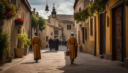 Two men in traditional clothing walk down a narrow street in an ancient city. The buildings are old and made of stone, and the street is cobblestone. The atmosphere is peaceful and serene.の写真素材