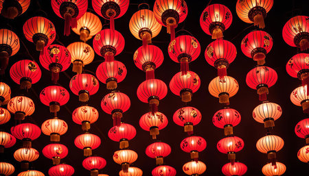 A close-up shot of a string of red lanterns hanging in a row, illuminated against a dark background. The lanterns are decorated with intricate designs and glow warmly, creating a festive and celebratory atmosphere. This image evokes the spirit of Chinese New Year celebrations.の写真素材