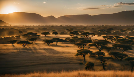A breathtaking panorama of the African savanna at sunrise, showcasing a golden sky, lush vegetation, and a gentle haze creating a serene atmosphereの写真素材