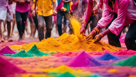 A group of people celebrating the Holi Festival, throwing colorful powder in the air. The festival is a celebration of spring and the triumph of good over evil.の写真素材