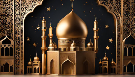 A golden mosque with a starry night sky in the background.の写真素材