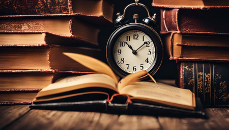 A vintage alarm clock rests on a stack of old leather bound books, symbolizing the passage of time and the enduring power of literature.の写真素材