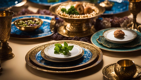 A close-up shot of an elegantly set table with gold plates, bowls and cups, featuring a mint sprig on a white plate. The table is decorated with a traditional, ornate pattern, creating a luxurious and inviting atmosphere.の写真素材
