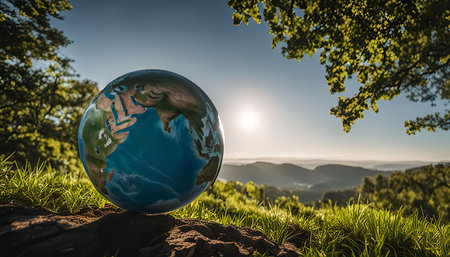 A globe sits on a rocky outcrop overlooking a green valley and hills. The sun shines brightly in the sky, creating a warm and vibrant atmosphere.の写真素材