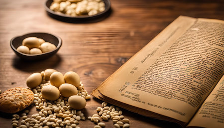 A close-up shot of an old, vintage book lying open on a wooden table with various snacks around it, including eggs and beans.の写真素材