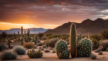 A stunning desert sunset with majestic mountains in the background, a foreground of cacti and other desert flora, warm colors of the sky, and a sense of serenity and beauty.の写真素材