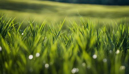 A close-up view of lush green grass with dew drops glistening in the sunlight. The blades of grass...