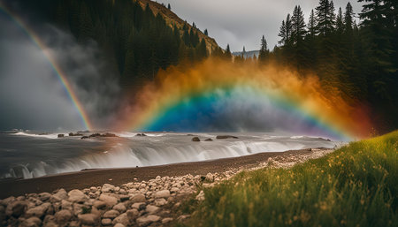 A stunning double rainbow arches over a river, creating a magical scene. The river flows over rocks and a small waterfall, creating a dynamic landscape. The surrounding forest adds a sense of peace and serenity, while the fog and mist enhance the beauty and mystery of the scene.の写真素材