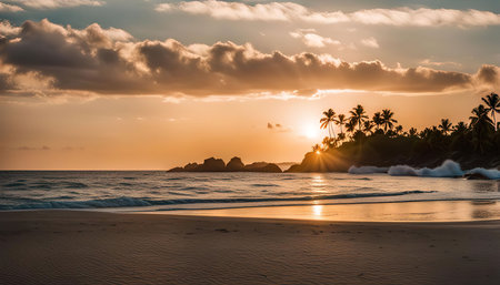 A breathtaking sunset over a tropical beach with palm trees silhouetted against the golden sky. The ocean waves gently lap the shore as the sun casts its warm glow on the landscape.の写真素材